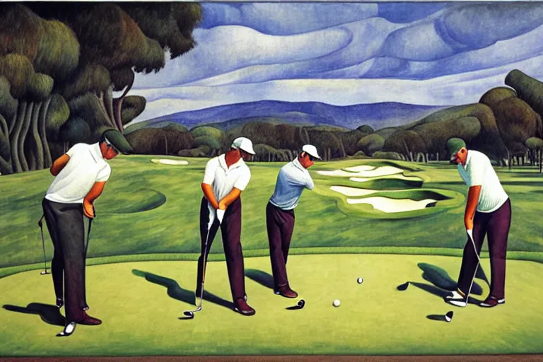 Image similar to Three golfers on a beautiful golf course driving range, by Diego Rivera