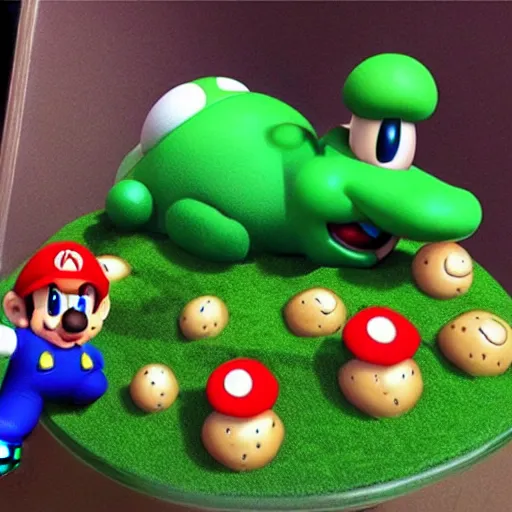 Image similar to hyper-realistic super mario character with realistic mushrooms, goombas and toad. and a realistic yoshi.