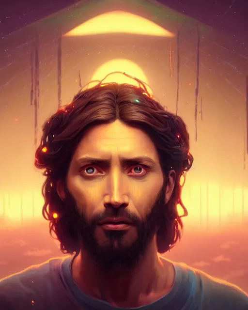 Image similar to portrait of jesus with neon cute giant eyes, intricate abstract. intricate artwork, by tooth wu, wlop, beeple, dan mumford. concept art, octane render, trending on artstation, greg rutkowski very coherent symmetrical artwork. cinematic, key art, hyper realism, high detail, octane render, 8 k, iridescent accents