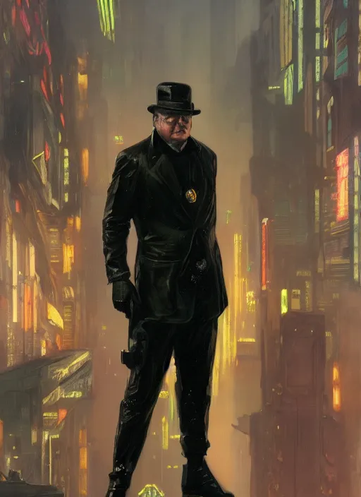 Prompt: Winston Churchill in a catsuit. Cyberpunk assassin in tactical gear. blade runner 2049 concept painting. Epic painting by James Gurney, and Alphonso Mucha. ArtstationHQ. painting with Vivid color. (rb6s, Cyberpunk 2077)