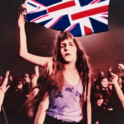 Image similar to 1 9 - year - old girl in a traditional doom metal band, new wave of british heavy metal, live in concert, live 1 9 8 6, united kingdom flags, union jack, playing electric guitar, headbanging crowd of longhairs, audience of longhairs, super 8 mm, grainy photo, colorized