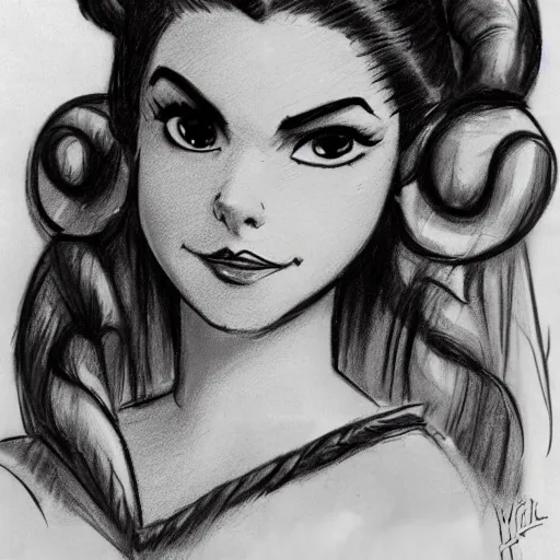 Image similar to milt kahl sketch of victoria justice with done up hair, tendrils and ponytail as princess padme from star wars episode 3