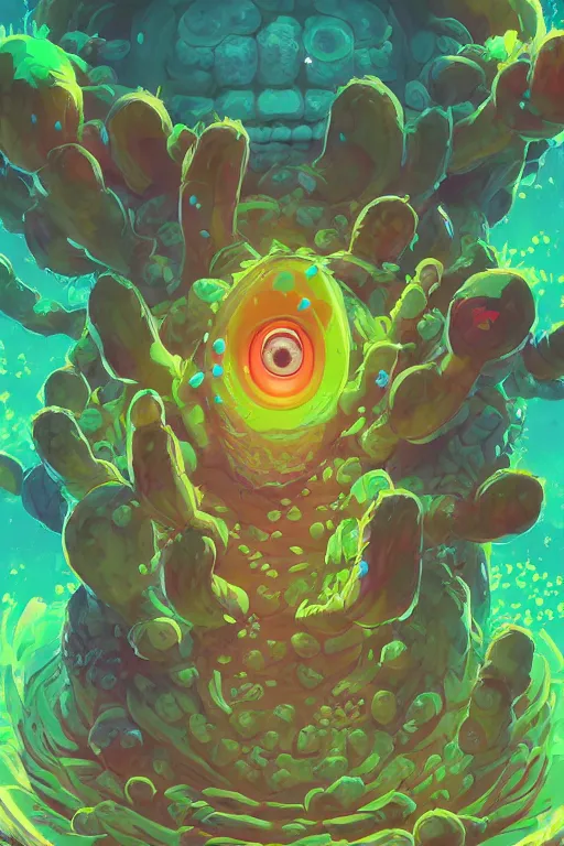 Image similar to roots cactus sushi cristal smurf ghost creature animal sushi cristal very big eye roots cactus elemental flush of force nature micro world fluo fishscale, behance hd by jesper ejsing, by rhads, makoto shinkai and lois van baarle, ilya kuvshinov, rossdraws radiating a glowing aura global illumination ray tracing hdr