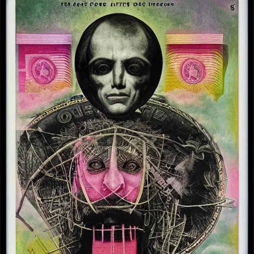 Image similar to post - punk new age album cover, asymmetrical design, frame of a dollar bank notes, capitalism, magic, apocalypse, psychedelic, black white pink, magic, giger h. r., giuseppe arcimboldo