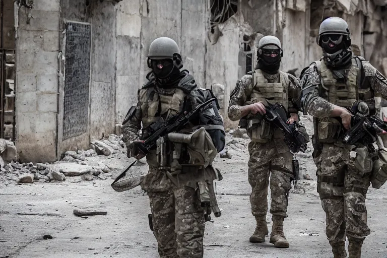 Image similar to Mercenary Special Forces soldiers in grey uniforms with black armored vest and black helmets in urban warfare in Syria 2022, Canon EOS R3, f/1.4, ISO 200, 1/160s, 8K, RAW, unedited, symmetrical balance, in-frame, combat photography