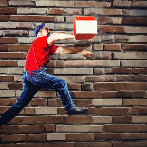 Prompt: plumber with a mustache, red overalls, jumping to hit a brick cube floating above the ground