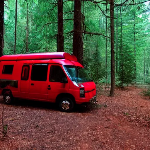 Prompt: a metal camper in a forest clearing, red pillar of light in background