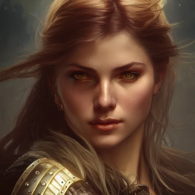 Prompt: close up portrait of a beautiful female witcher, shiny, glowing hair, subsurface scattering, artistic, magical background with light rays, fantasy atmosphere. art by artgerm, greg rutkowski and alphonse mucha, highly detailed, intricate, lifelike. sci - fi, fantasy, magical, octane render,