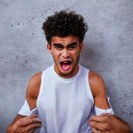 Image similar to square jawed 20 year old with tan skin and broad shoulders, short curly hair with shaved sides, a very bad case of underbite is excited to eat a kings feast in front of him