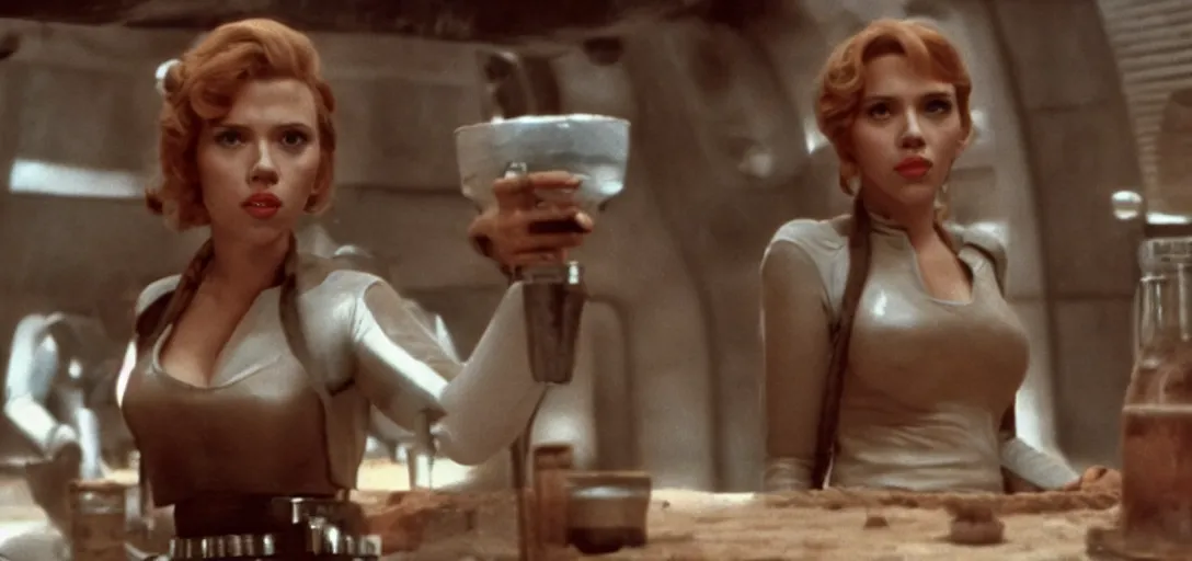 Image similar to a still of Scarlett Johansson in the cantina in Star Wars (1977)