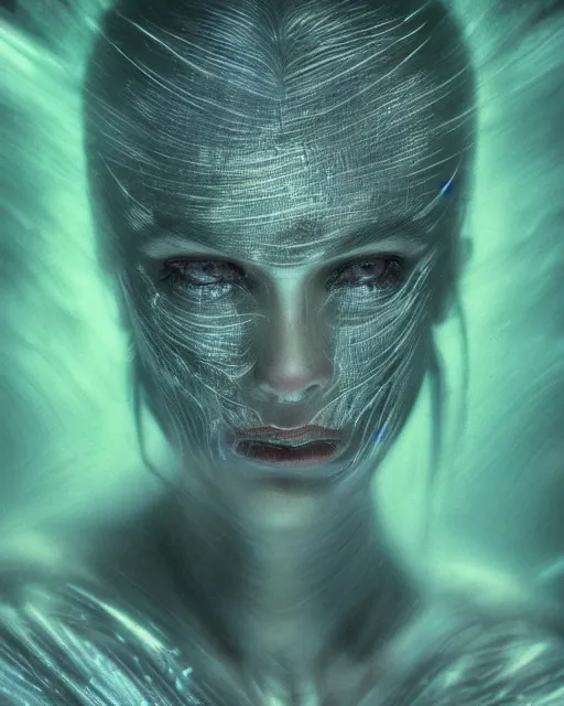 Prompt: luminescent long exposure light painting by h. r. giger of a beauteous practical sumptuous full frame photo realistic face, lifelike incredible hair, crystalline masterpiece incrustations, hyperdetailed face, elegant pose, movie still, intricate, octane render, cinematic forest lighting,