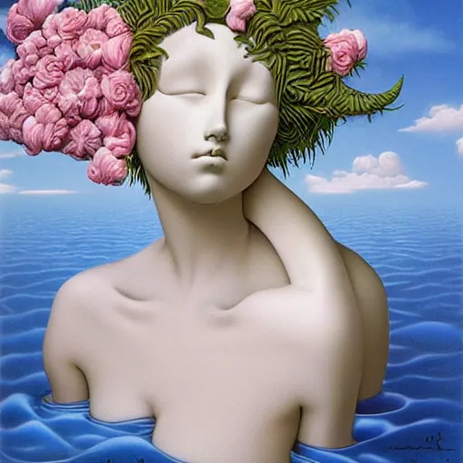 Image similar to Michael Parkes, award winning masterpiece with incredible details, Michael Parkes, a surreal vaporwave vaporwave vaporwave vaporwave vaporwave painting by Michael Parkes of an old pink mannequin head with flowers growing out, sinking underwater, highly detailed Michael Parkes