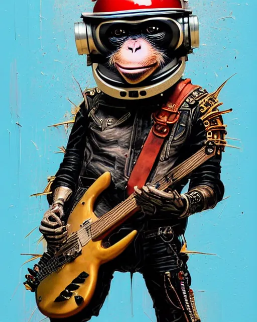 Image similar to a portrait of an anthropomorphic cyberpunk monkey in a leather helmet shredding an electric guitar by sandra chevrier, by jon foster, detailed render, tape deck, epic composition, cybernetics, 4 k realistic, cryengine, realistic shaded lighting, sharp focus, masterpiece, by enki bilal