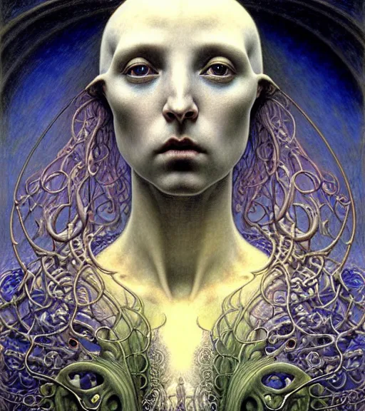 Image similar to detailed realistic beautiful young medieval alien robot grimez face portrait by jean delville, gustave dore and marco mazzoni, art nouveau, symbolist, visionary, gothic, pre - raphaelite. horizontal symmetry by zdzisław beksinski, iris van herpen, raymond swanland and alphonse mucha. highly detailed, hyper - real, beautiful