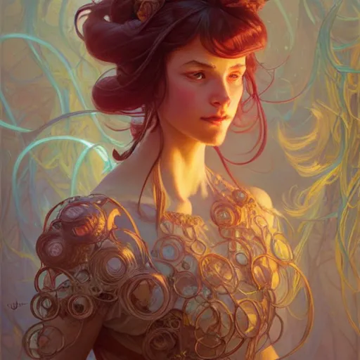 Image similar to Portrait of a girl surrounded by nodes, face, fantasy, intricate, elegant, highly detailed, digital painting, artstation, concept art, smooth, sharp focus, illustration, art by Jesper Ejsing and Fernanda Suarez and Artem Demura and alphonse mucha