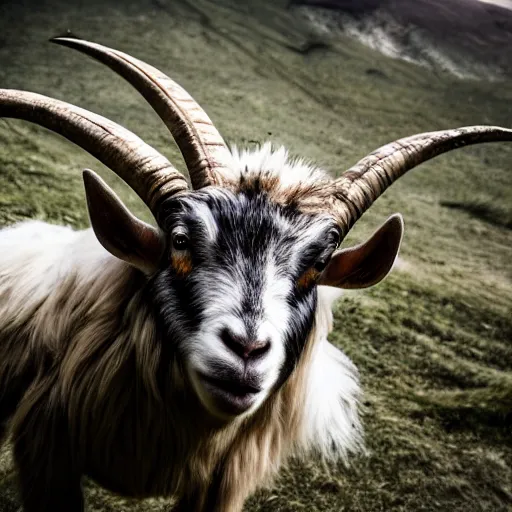 Prompt: horror photography, cinematic, daytime, wide shot, mutant goat monster with a mouth crammed full of sharp teeth, filthy matted fur and mountain goat horns, village square