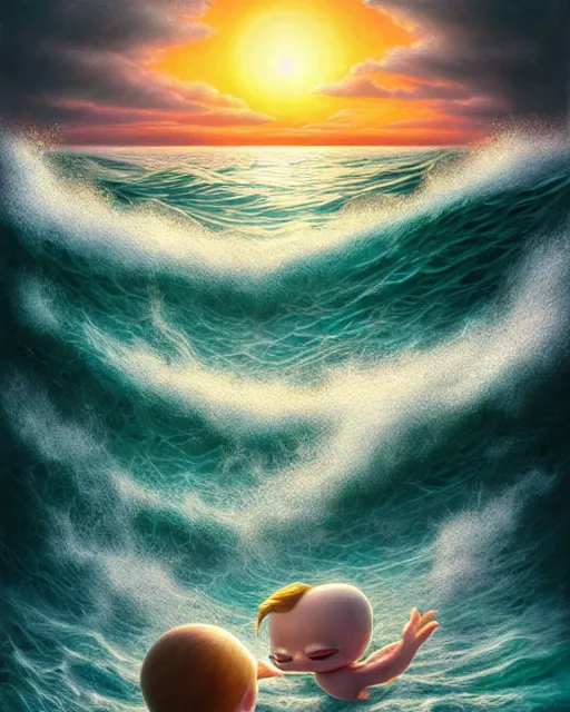 Prompt: highly open sea with big waves, sunset, hyper realistic, artstation, illustration, nicoletta ceccoli, mark ryden, lostfish, dan decarlo, bob clampett, max fleischer, digital paint, matte paint, vivid colors, detailed and intricate environment