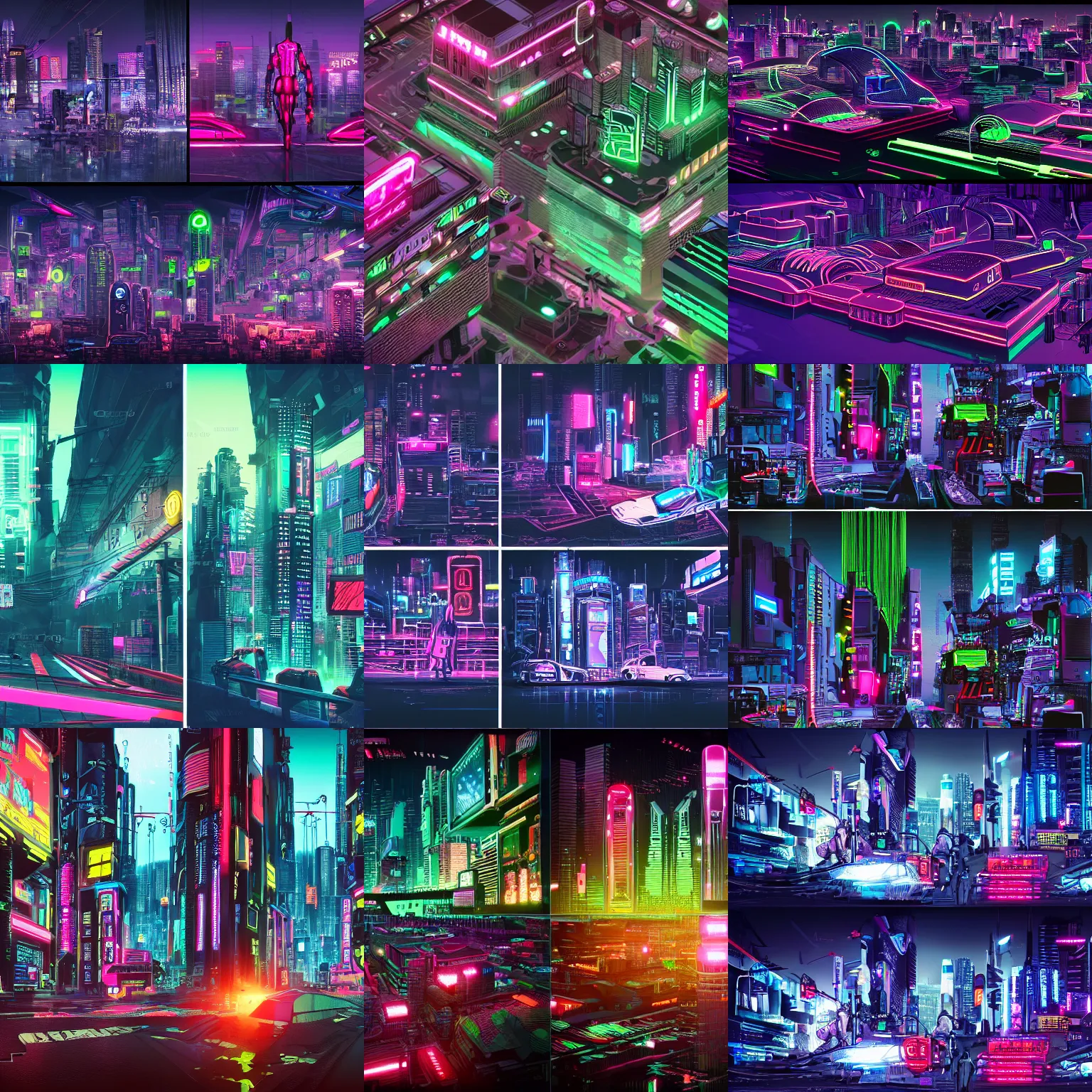 Prompt: detailed neon cyberpunk city, top and side view, many disassembled cyborgs and androids and humans walk the streets, futurism, future, intricate detail, cinematic, comic, 8 k