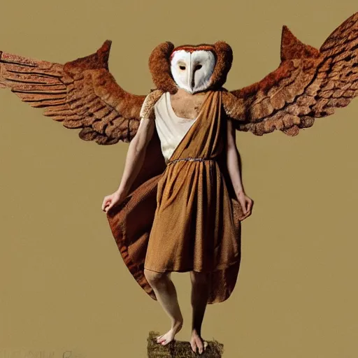 Image similar to humanoid barn owl with wings wearing a roman toga and holding a javelin