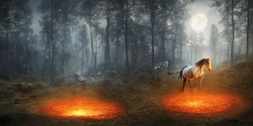 Image similar to a mirror with the shape of a horse drinking in a lava river, in the middle of a forest, in the moonlight, night realism, 4 k, octane render, award winning photograph