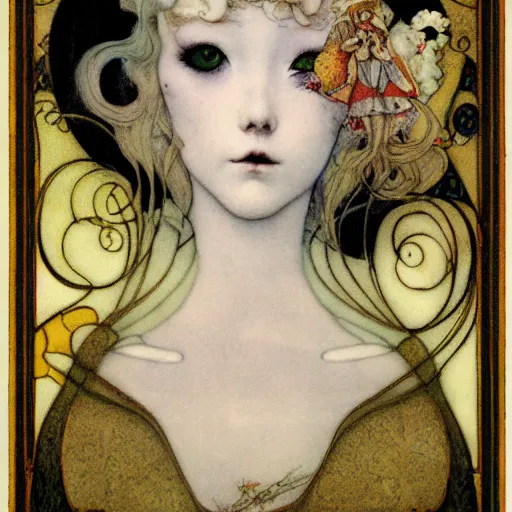 Prompt: portrait of a porcelain doll, illustration by Brian Froud and John Bauer, Art Nouveau composition