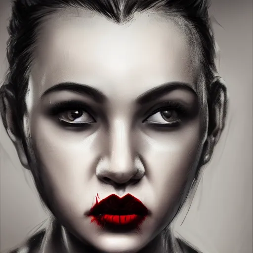 Prompt: angry and disgruntled mom, detailed face with red lips, black eyes and large forehead, detailed body, moody atmosphere, digital art, highly detailed, high contrast, beautiful lighting, award winning, trending on art station, photorealistic, 8 k,