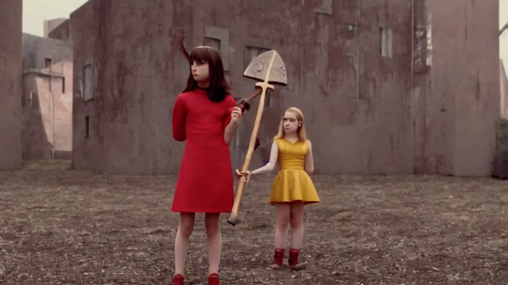 Image similar to A girl in a mod dress holding an axe confronts the monster, Film still from Wes Anderson, wide lens