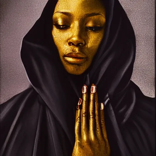 Image similar to a portrait of a young black woman wearing a long dark cloak, hood and shadows covering face, holding golden chains, oil painting, matte painting, black background, Volumetric Golden dappled dynamic lighting, Highly Detailed, Cinematic Lighting, Unreal Engine, 8k, HD, by Beksinski