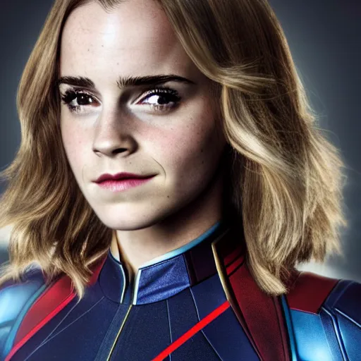 Image similar to Emma Watson modeling as Captain Marvel, (EOS 5DS R, ISO100, f/8, 1/125, 84mm, postprocessed, crisp face, facial features)