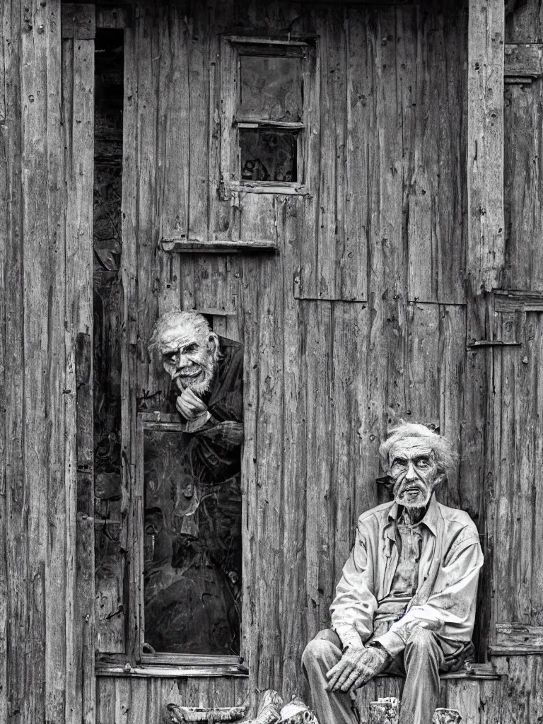 Prompt: mutated old man sitting inside his shack, digital black and white painting by oleg vdovenko chuvabak