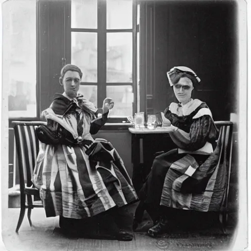 Image similar to a black and white photograph of two young edwardian women sitting in a cafe in paris