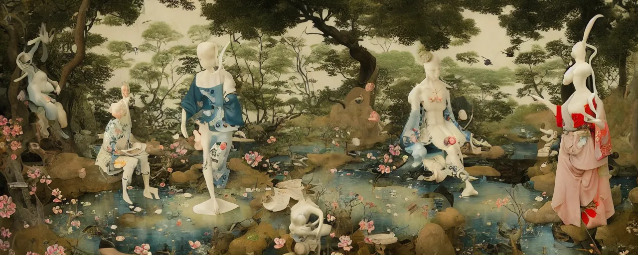 Prompt: Japanese Garden by Hieronymus Bosch and James Jean, Ross Tran, Porcelain Japanese Mannequins, HD, hypermaximalist, 8k, surreal oil painting, highly detailed, dream like, masterpiece