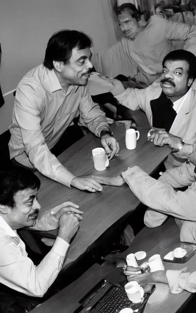 Prompt: carl sagan and neil degrasse tyson drinking coffee on a table. in the background there's a big glass window, overlooking the landscape of an alien planet.