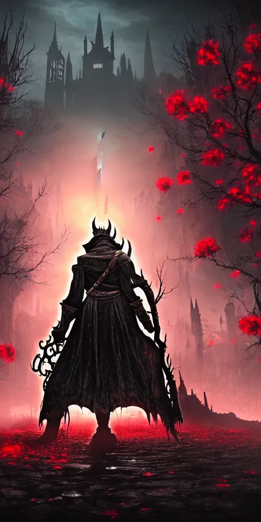 Image similar to abandoned bloodborne old valley with a person at the centre and a ruined gothic city at the end with a big castle, trees and stars in the background, falling red petals, epic red - orange moonlight, perfect lightning, wallpaper illustration by niko delort and kentaro miura, 4 k, ultra realistic
