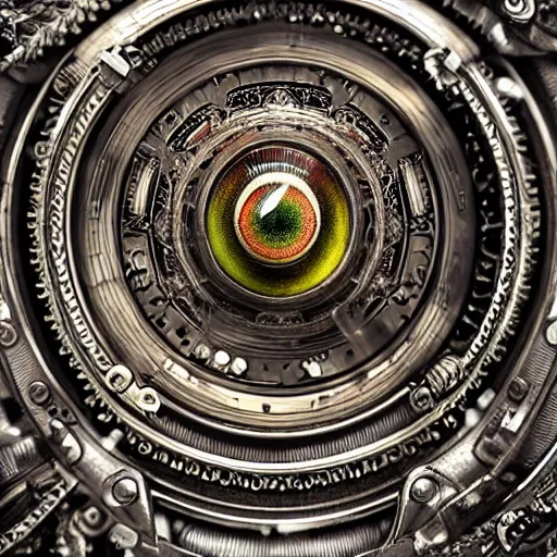 Image similar to a macro photo of a mechanical eye, close - up, large intricate iris with gears inside, intricate details, intricate gears and lenses, intricately detailed engravings, intricately detailed markings, intricate textures, warm lighting, vivid colors, realistic octane render, hyper realistic render, volumetric shading, depth of field, raytracing, 8 k,