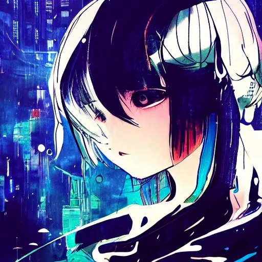 Image similar to Frequency indie album cover, luxury advertisement, indigo filter, blue and black colors. highly detailed post-cyberpunk sci-fi close-up schoolgirl in asian city in style of cytus and deemo, mysterious vibes, by Tsutomu Nihei, by Yoshitoshi ABe, by Ilya Kuvshinov, by Greg Tocchini, nier:automata, set in half-life 2, beautiful with eerie vibes, very inspirational, very stylish, with gradients, surrealistic, dystopia, postapocalyptic vibes, depth of field, mist, rich cinematic atmosphere, perfect digital art, mystical journey in strange world, beautiful dramatic dark moody tones and studio lighting, shadows, bastion game, arthouse