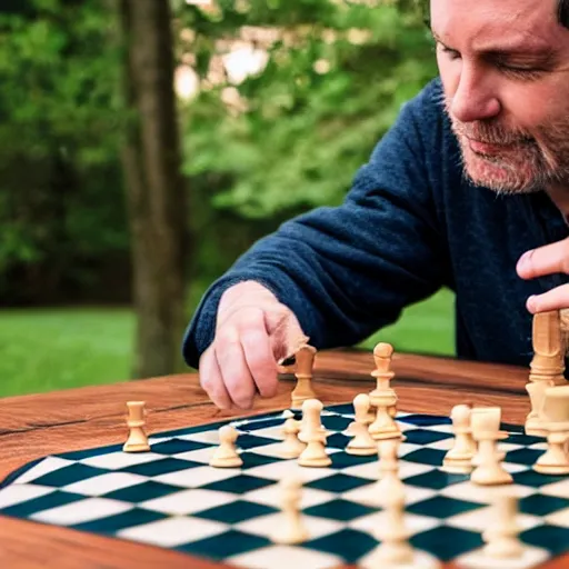 Prompt: photo of an idiot playing chess,