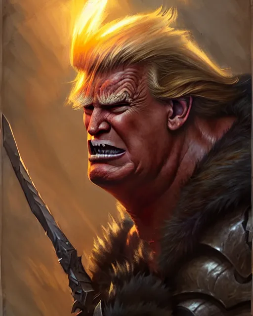 Image similar to trump as orc barbarian | | realistic shaded, fine details, realistic shaded lighting poster by greg rutkowski, magali villeneuve, artgerm, jeremy lipkin and michael garmash and rob rey