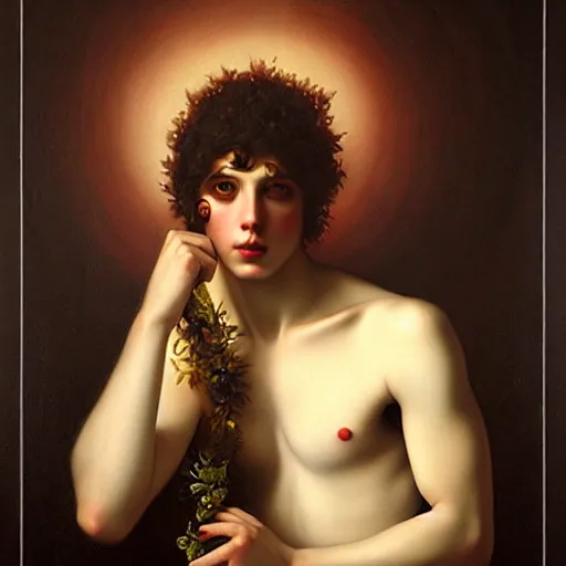 Prompt: Portrait of the Young God Bacchus by Tom Bagshaw and Caravaggio