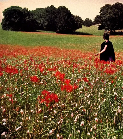 Image similar to encounter with satan in beautiful meadow of flowers, film photo from 1970s, grainy, high detail, high resolution