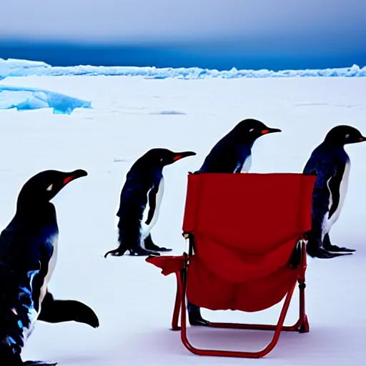 Image similar to a red camping chair in the middle of antarctica. the chair is far away from the camera and the chair is surrounded by a group of penguins.