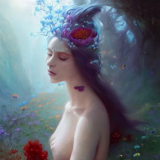 Image similar to A photorealistic rendering, full face and body portrait, long shot, pose, of a beautiful goddess, swarming in flowers, magical, pale skin, blue eyes, long black hair, floating in a misty daze, digital art by Pete Mohrbacher and Greg Rutkowski, Deviantart, Hemera, painting, photoshop, digitalart, digitalpainting, fantasy, goddess, light, photoshop, photoshoppainting