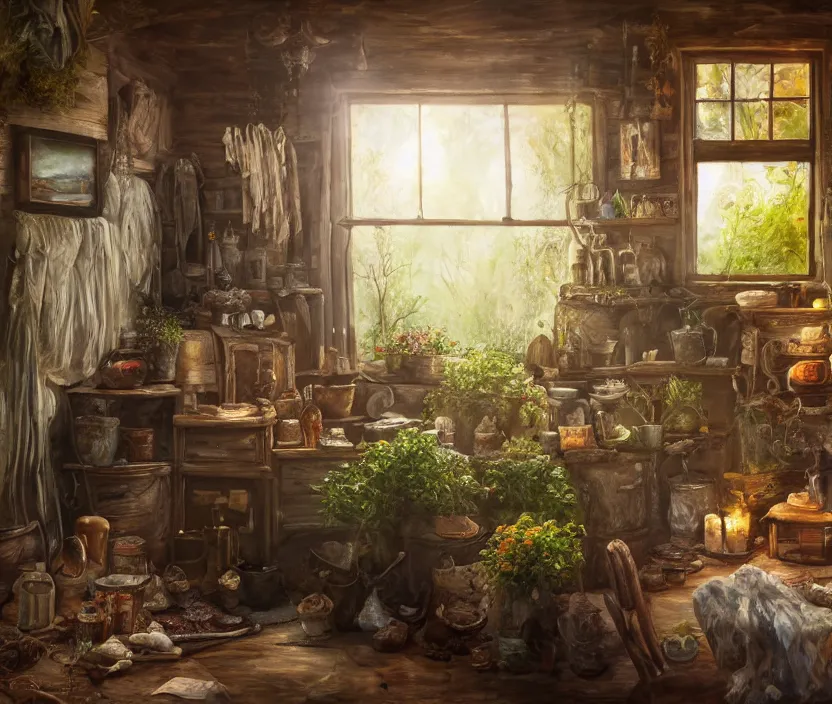 Prompt: expressive rustic oil painting, interior view of a cluttered herbalist cottage, waxy candles, wood furnishings, herbs hanging, light bloom, dust, ambient occlusion, morning, rays of light coming through windows, dim lighting, brush strokes oil painting