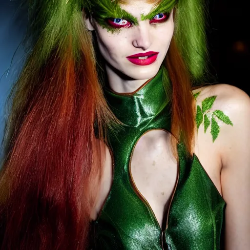 Image similar to A beautiful portrait of Daria Strokous smiling as Poison Ivy from Batman as a Versace fashion model Spring/Summer 2010, highly detailed, in the style of cinematic, Getty images, Milan fashion week backstage, Extreme close up, Makeup by Pat McGrath, Hair by Guido Palau, Greg rutkowski