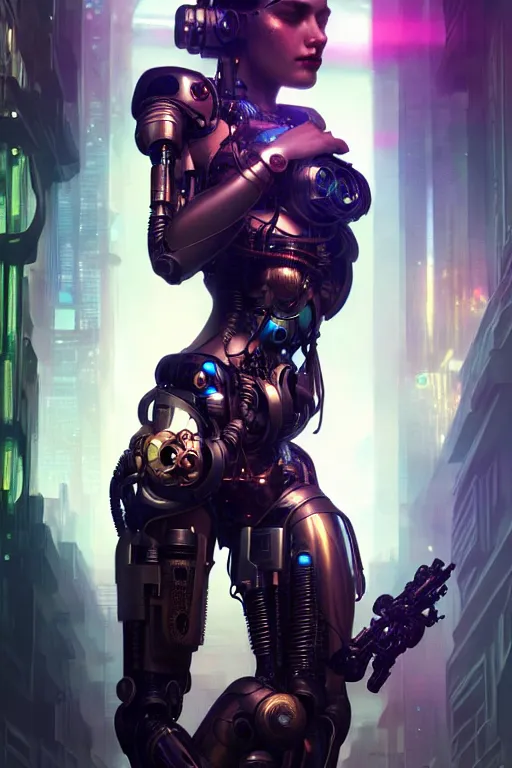 Image similar to ultra realistic, beautiful female cyborg in a crowded smoky cyberpunk club in space megalopolis, sci-fi, intricate details, eerie, highly detailed, octane render, 8k, art by artgerm and alphonse mucha and greg rutkowski