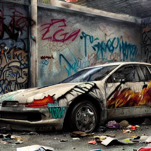 Image similar to hyper detailed and photorealistic, a number of car, dust, humus, wet street, graffiti on wall, trash scattered everywhere, abandoned car garage, 8 k, uhd, after rain, cinematic lighting, incrinate