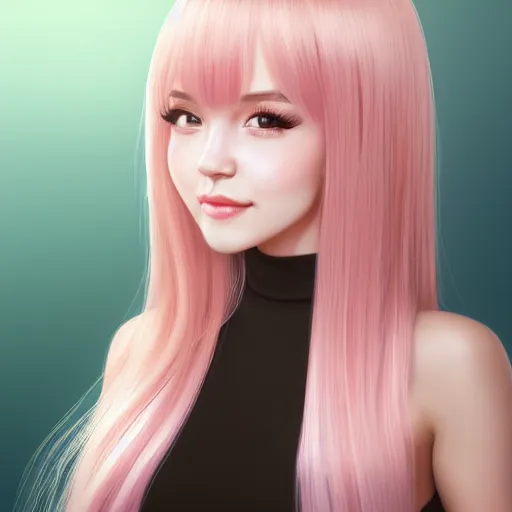 Image similar to beautiful hyperrealism hyperdetailed portrait of nikki from shining nikki dress - up game, a cute young woman, light pink hair, long hair with full bangs, full heart - shaped face, amber eyes, pale skin, light blush, chinese heritage,, smiling softly, golden hour, soft focus, 8 k,