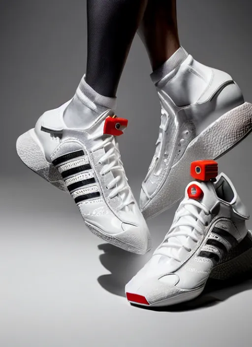 Image similar to hyperrealistic and heavy detailed product photo adidas avant garde shoes of movie the fifth element, in front of white back drop, whole shoe is in picture, leica sl 2 5 0 mm, vivid color, high quality, high textured, real life