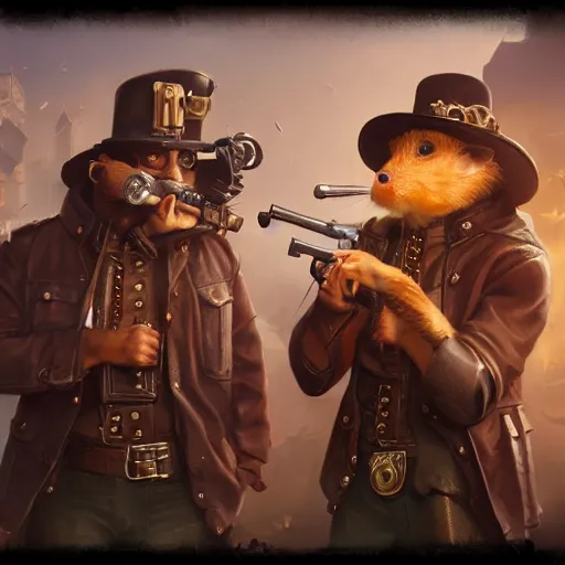 Prompt: oil painting of two hamsters holding guns, berets, medium shot, steampunk clothes, steampunk city background, sharp focus, fantasy style, octane render, volumetric lighting, 8k high definition, by greg rutkowski, highly detailed, trending on art Station, explosions, centered