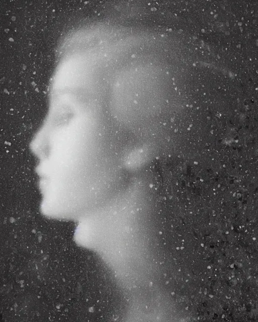 Image similar to a woman's face in profile, made of a snow capped Swiss mountain, in the style of the Dutch masters and Gregory Crewdson, dark and moody